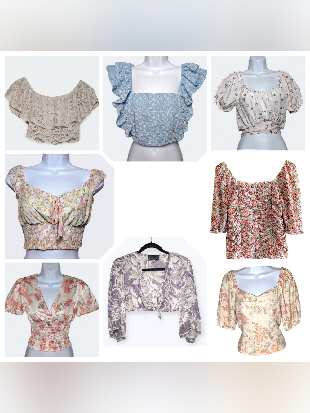 Mixed‎ Brand Lot Blouses Bright Floral Boho Romantic Crop Fairy Y2K Cottagecore